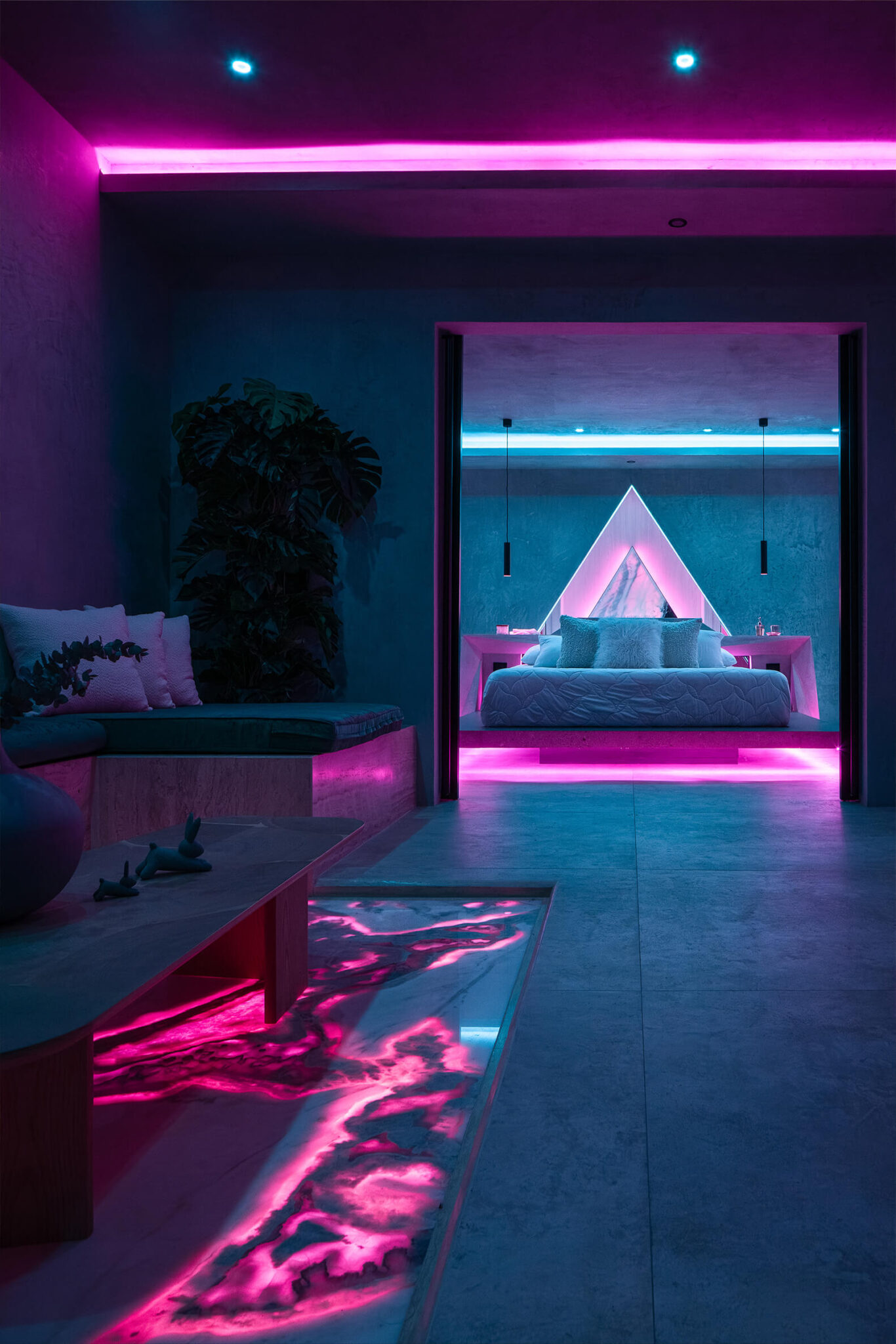 Habitación de Nebulae con neón rosa y azul